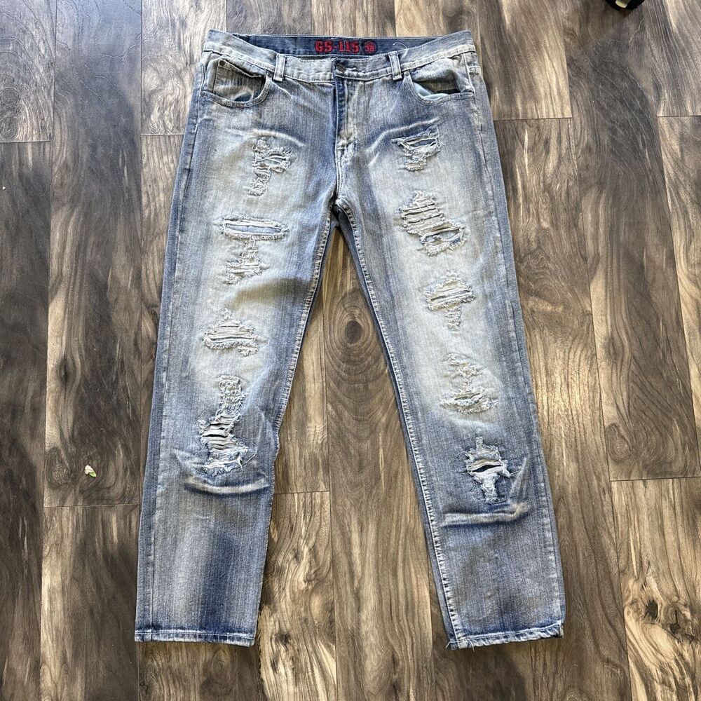 GS-115 Men’s Distressed LightWash Jeans Size 38 Urban Ripped Fashion Jeans